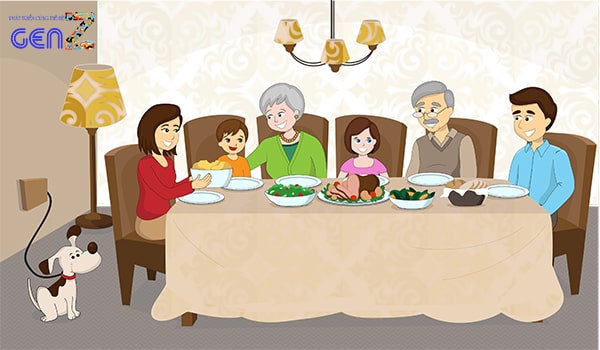 Vẽ tranh gia đình đang ăn cơm